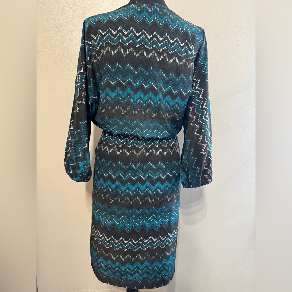 Ann Taylor Loft Keyhole Chevron Striped Teal Black White Blouson Dress Large - Picture 3 of 5